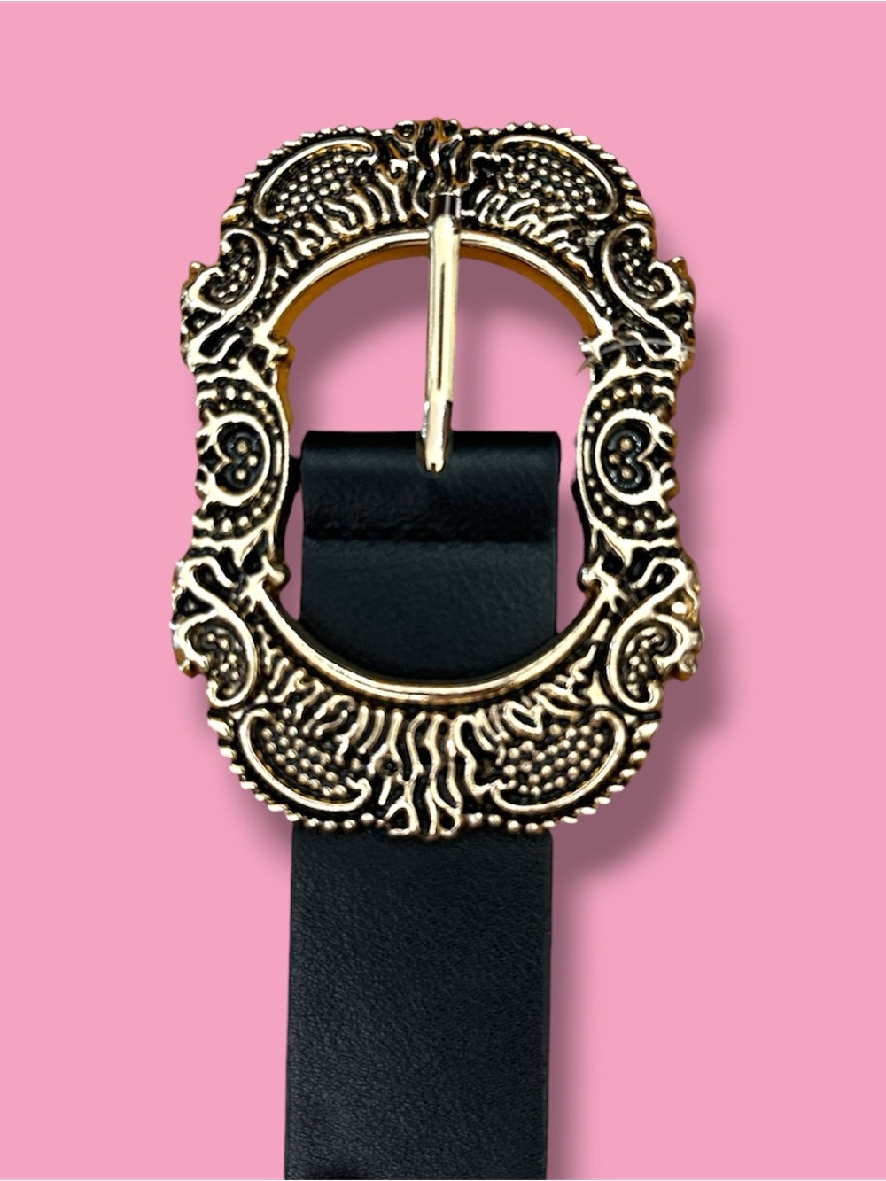 Black Leather Belt with Ornate Gold Buckle 40 inches